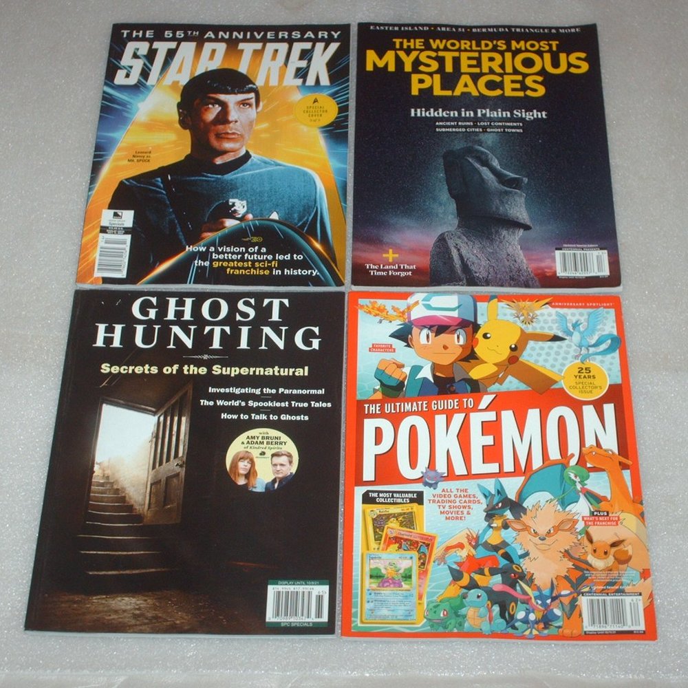 Lot of 4 collectible magazines - Star Trek, Ghost Hunting, Pokémon, etc.